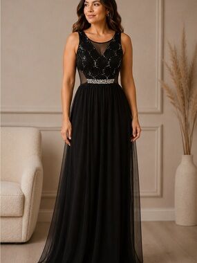 BCX Black Beaded Mesh Maxi Dress with Jeweled Waist S 0 NWT